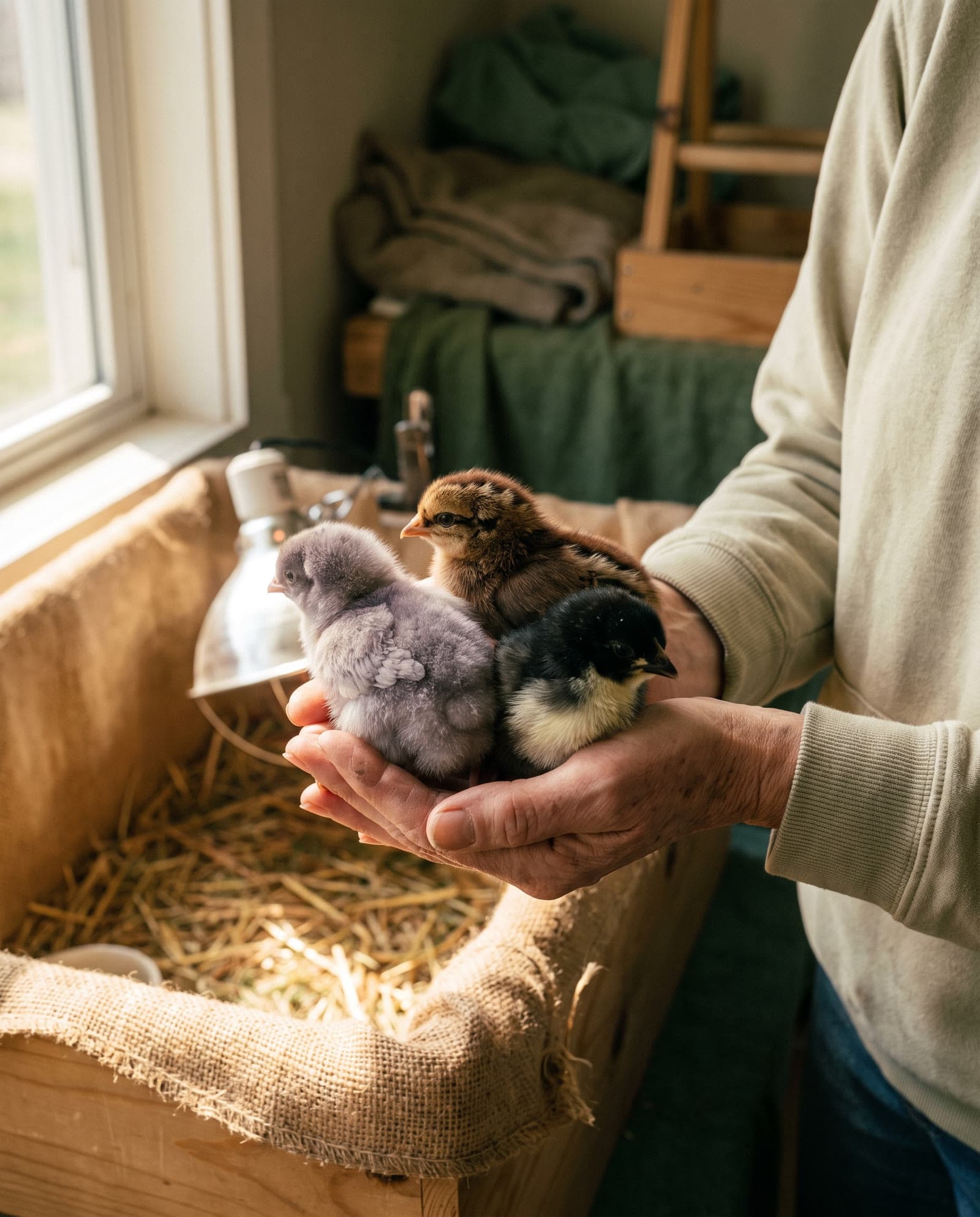 Three day-old chicks — lavender, chipmunk-striped and black — cupped in weathered hands
