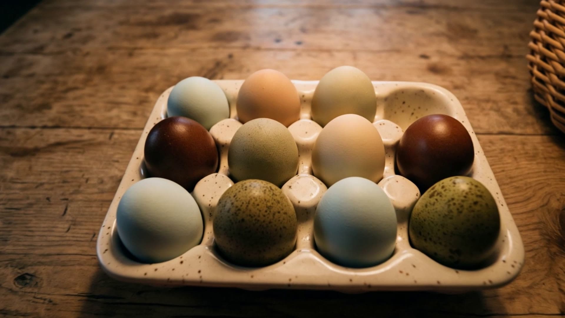 A speckled ceramic crate filled with blue, chocolate, olive and speckled green eggs on an oak table