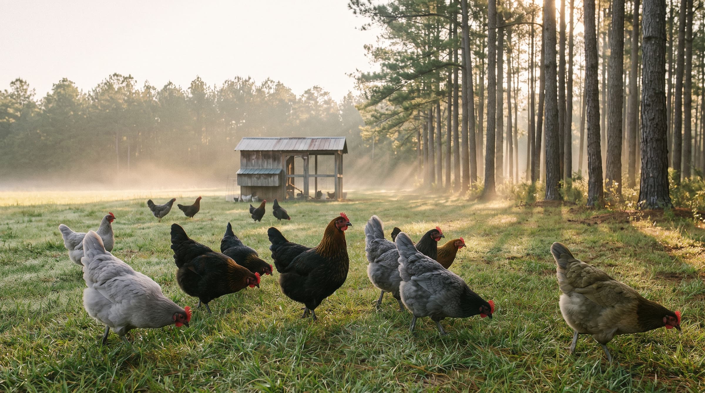 A mixed flock of heritage hens free-ranging on pasture beside tall pines at sunrise