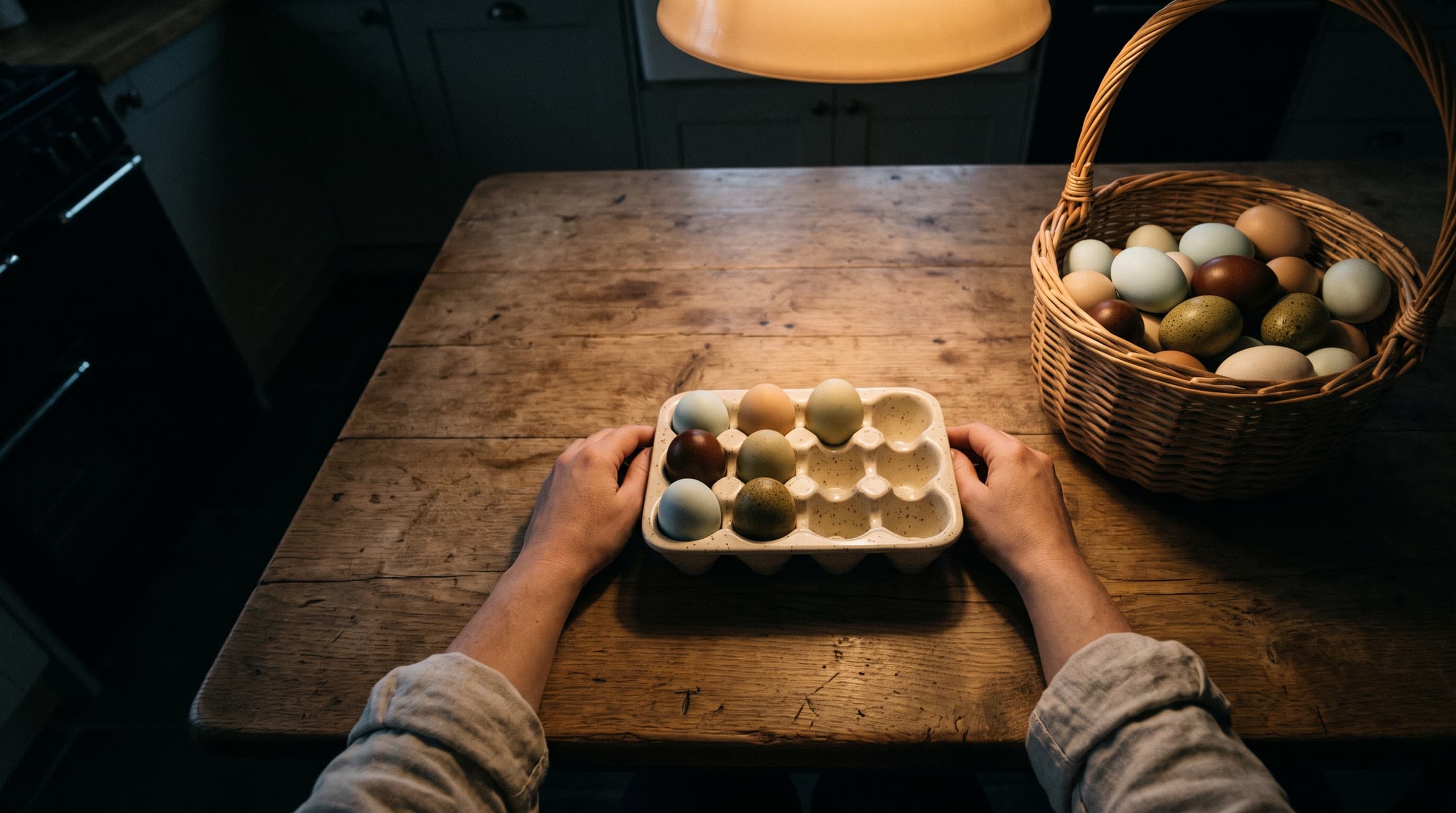 A farmhouse table at dawn with a wicker basket and a ceramic crate of multicolored eggs