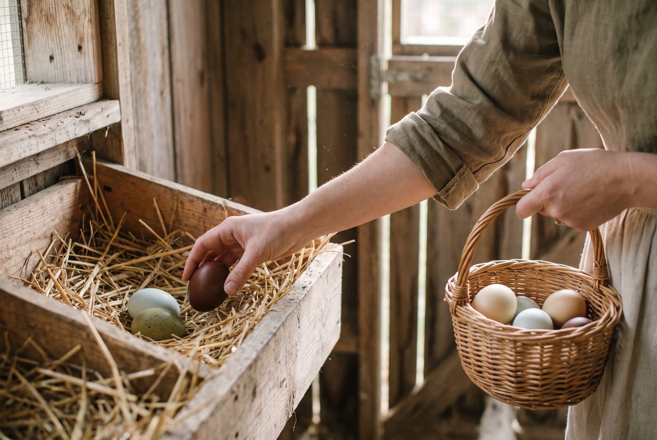 A hand collecting a chocolate-brown egg from a straw nest box beside blue and speckled green eggs