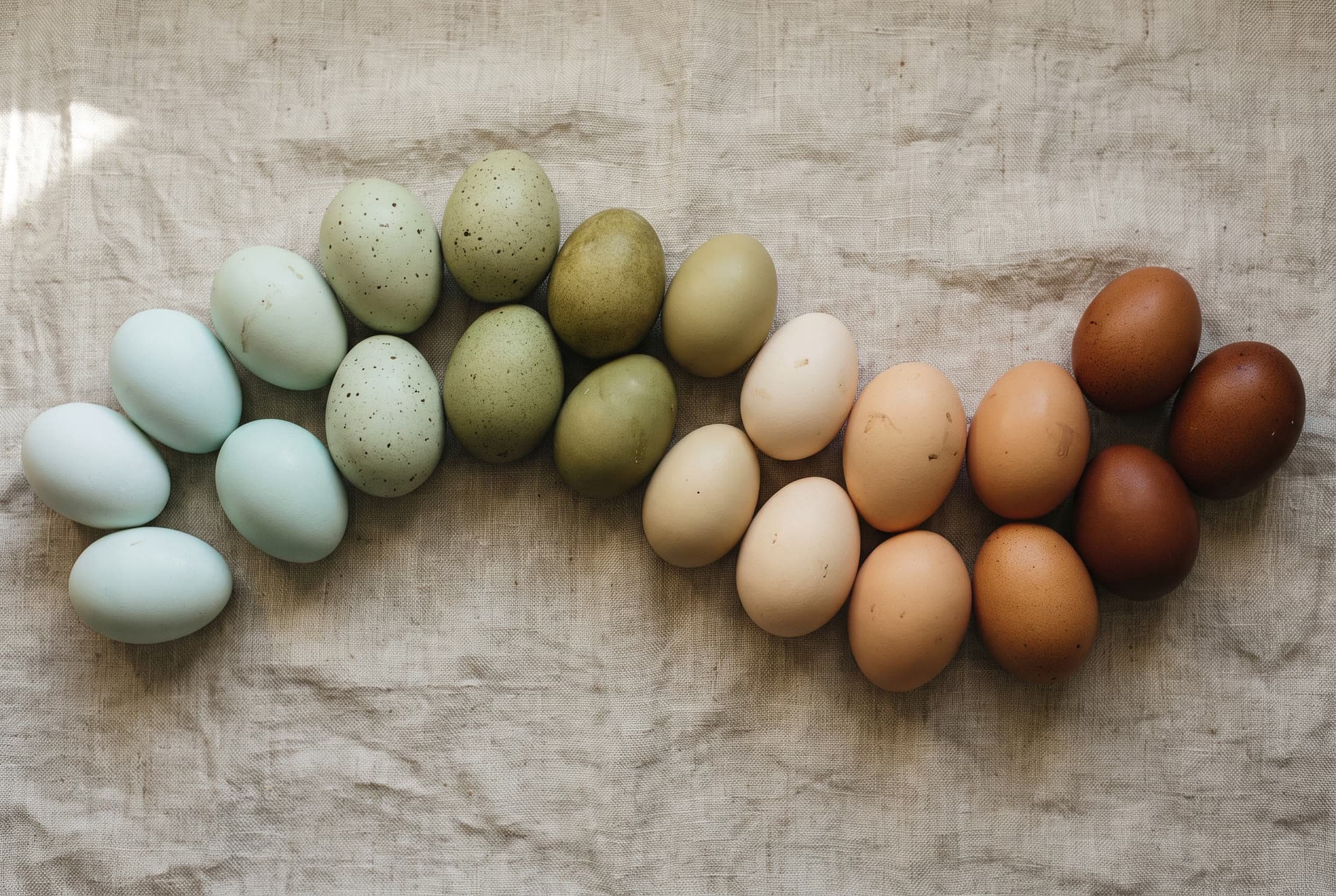 Heritage eggs arranged in a color gradient from robin's-egg blue through speckled green and olive to chocolate brown on linen